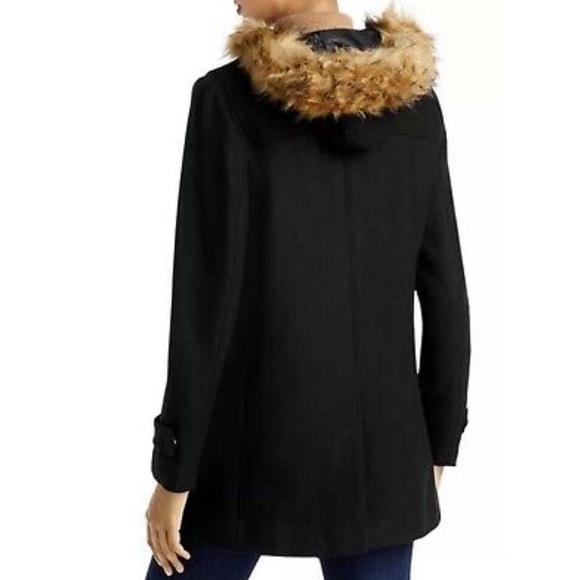 NEW Cole Haan Wool Faux Fur Trim Black Hooded Jacket Coat Size 6 - Picture 3 of 8